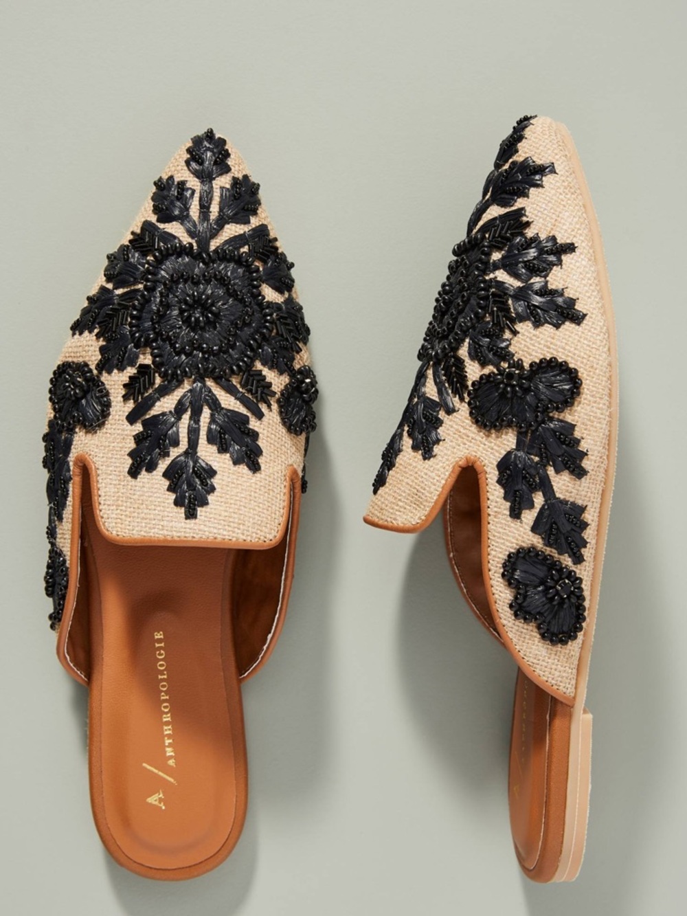 Anthropologie Therese Beige Mules with Black Beaded Floral Appliqué